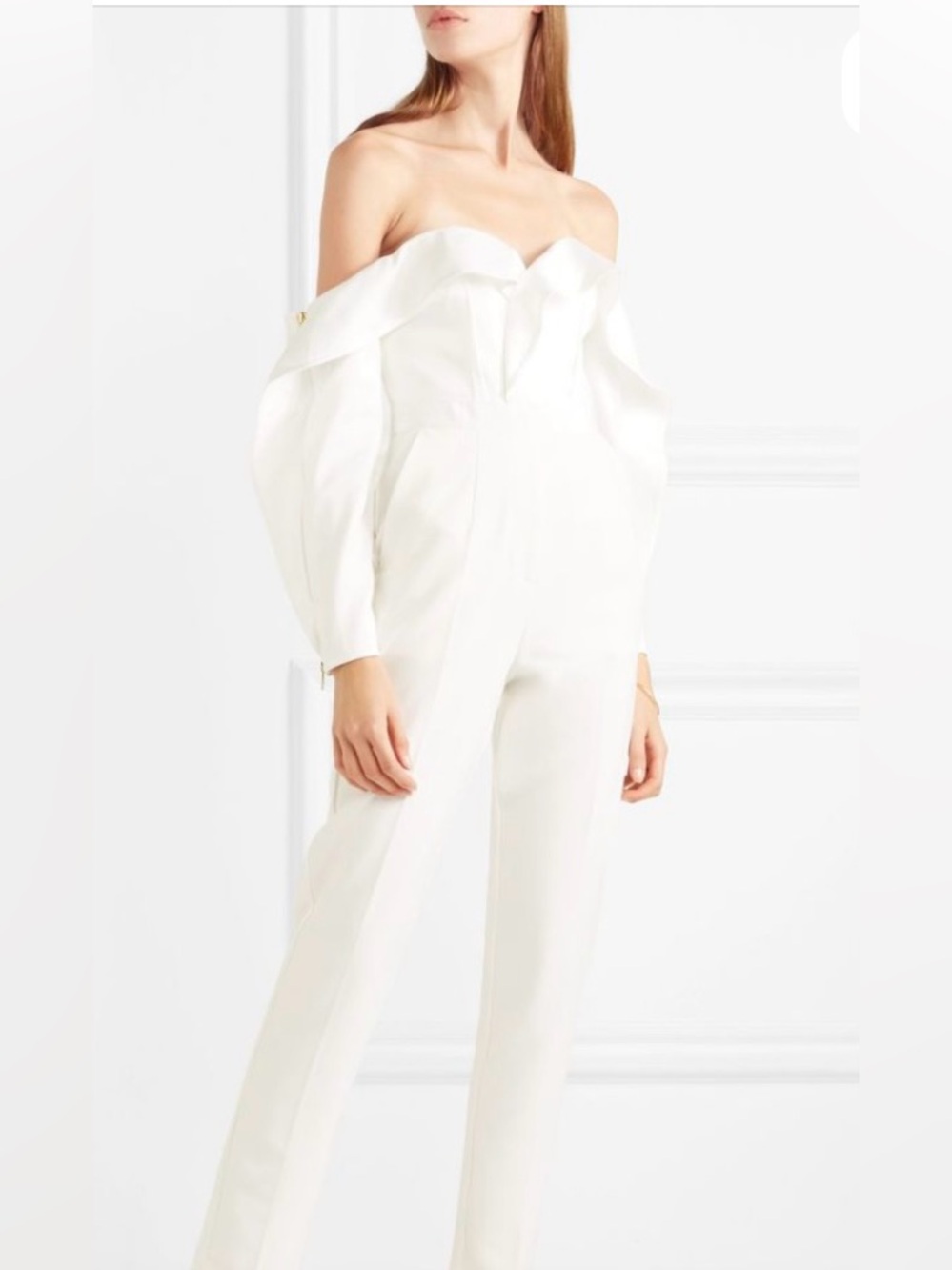 NWT Self-Portrait Ivory Satin Ruffled Off-Shoulder long-sleeve jumpsuit. Size 0